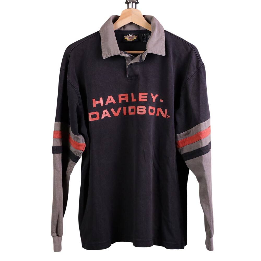 Harley-Davidson Rugby Polo Shirt Mens L Black Stripe Long Sleeve Moto Biker Logo